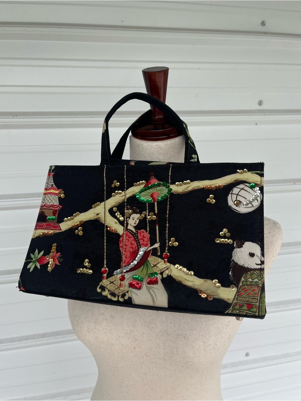 Vintage OKPTA Oriental Sequined Panda & Swing Handbag – Black Canvas